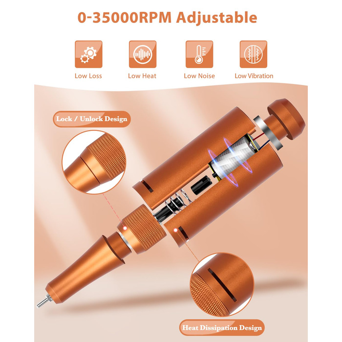 Професійний фрезер для нігтів ENGERWALL 35000 об/хв, акумуляторний, для гелю та акрилу, електричний, манікюрний набір з 7 насадками та 56 шліфувальними стрічками, темно-срібний