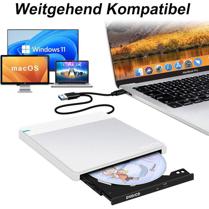 Зовнішній DVD-накопичувач для ноутбука Ultra Slim: портативний CD/DVD привід USB з картридером SD/TF для Mac, MacBook, Windows