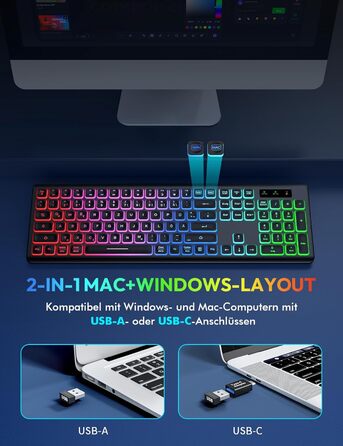 Бездротова клавіатура та миша з підсвічуванням, USB-C, тиха, для Mac/Windows/PC/Laptop, QWERTY (Чорний)