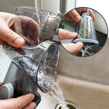 Ручна тертка для сиру та овочів з ручкою: набір з 3 змінні леза з нержавіючої сталі, сива/аква