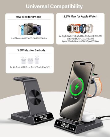 Зарядна станція 3-в-1 для iPhone 17/16/15/14/13/12/Air, Apple Watch Ultra 3/2/SE 3/10/9/8/7/6/5 та AirPods 4 (без адаптера) - Чорна