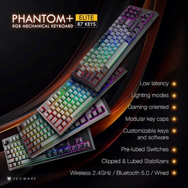 TECWARE Phantom+ 87-клавішна RGB-механічна клавіатура (Чорна) з перемикачами Wraith Red (лінійні, 45 г) – підключення по кабелю, індивідуальне налаштування кольору та підсвічування для кожної клавіші