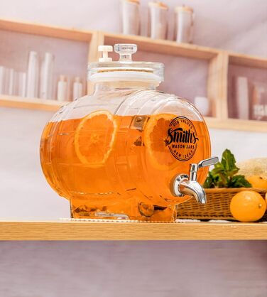 Smiths Mason Jars 5L Refrigerator Water Dispenser with Steel Tap and Glass Lid - Easy pouring with metal tap and space-saving design - ideal for infused waters and juices