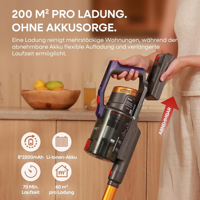 Бездротовий акумуляторний пилосос KIPMAX 50000Pa, 550W, 70 хвилин, 1.5L, з дисплеєм, антизаплутана щітка, 7-шаровий фільтр, 2 арома-пластини, для килимів, шерсті тварин, твердих поверхонь, золотий