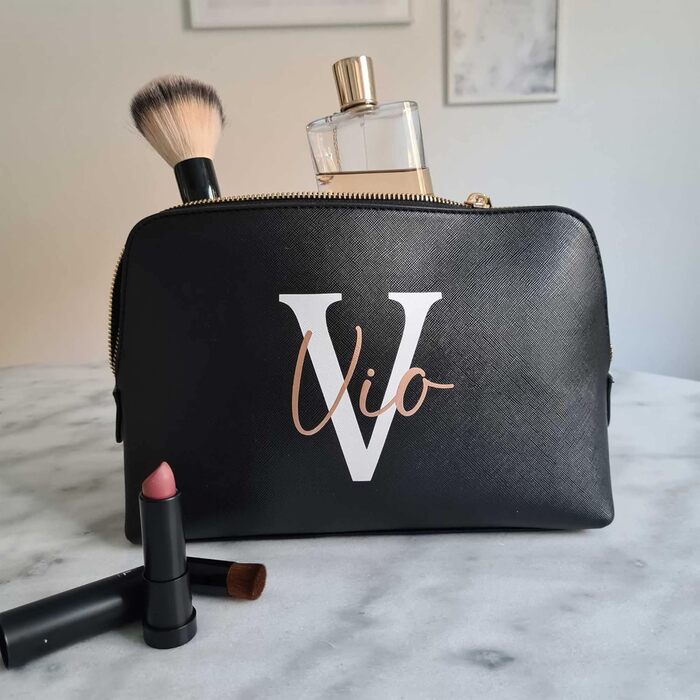 Personalized Cosmetic Bag Initia + Name, Makeup Bag, Toiletry Bag for Women, Handbag, Gift for Women, Makeup Beauty (Large) (L, Black)