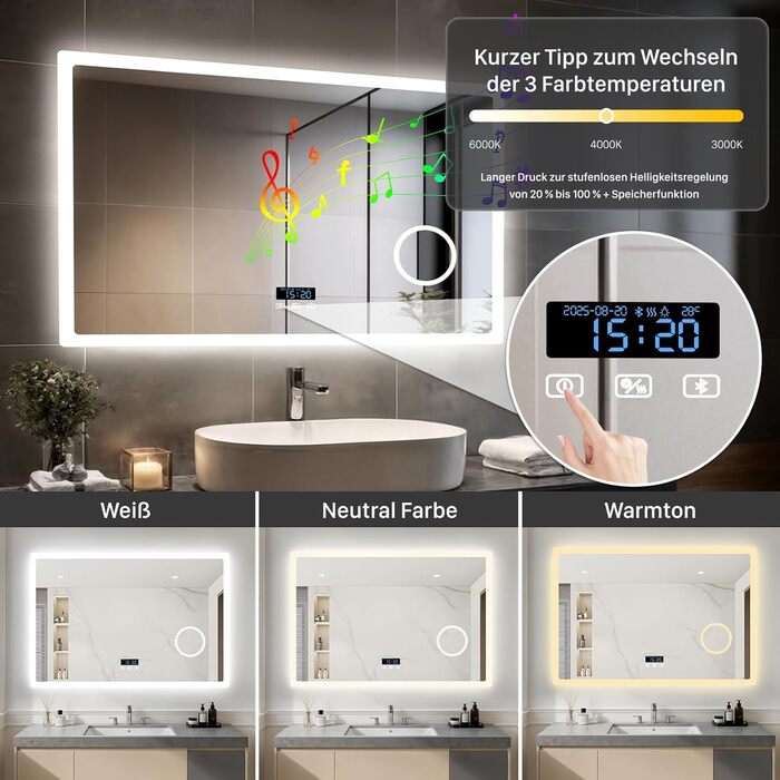 Дзеркало для ванної кімнати LUVODI з підсвічуванням 100x70 см: годинник, температура, дата, проти запотівання, регулювання яскравості, 3 кольори світла, функція пам'яті, LED, Bluetooth, збільшення 3x