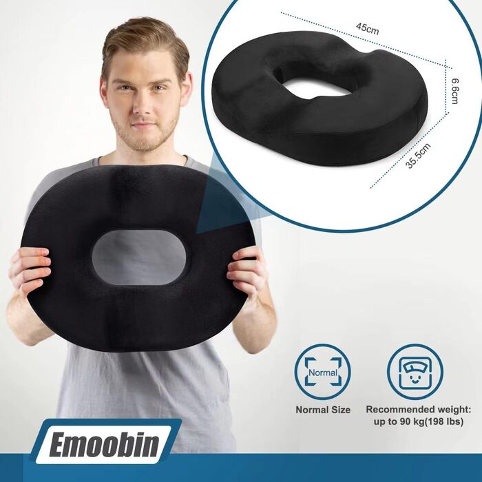 Подушка для сидіння Emoobin у вигляді пончика - ергономічна подушка кільцем для офісних крісел та дому, знімає тиск при тривалому сидінні, 45 см, чорна