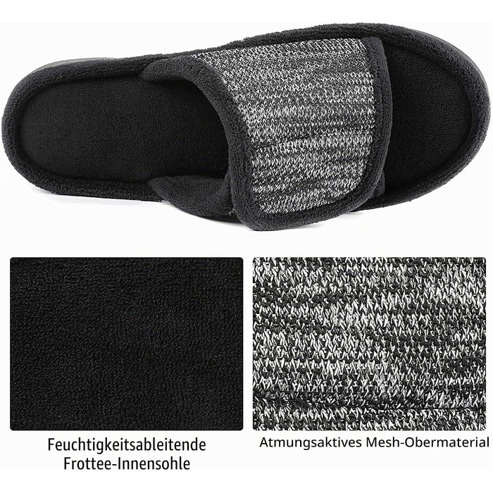 Чоловічі домашні капці-шльопанці RockDove з ефектом пам'яті (Memory Foam), регульований ремінець, протиковзка підошва для дому та вулиці, чорні, розмір 46/47 EU
