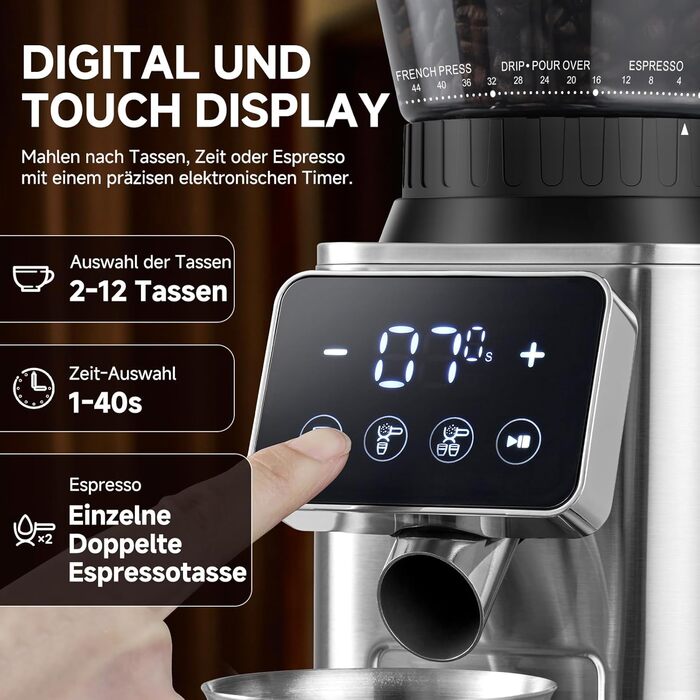 AMZCHEF Електрична кавомолка з регулюванням помелу для еспресо, drip, pour over, cold brew та French press | Срібна