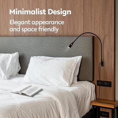 Світлодіодна настільна лампа Acegoo для читання з гнучким регульованим кронштейном (чорна) - 3000K, диммована, настінне кріплення, для спальні, книжок