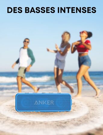 Anker SoundCore 2 Bluetooth колонка, потужний бас, 24 год автономії, IPX7 водозахист, бездротова колонка для iPhone, Samsung (блакитний, відновлений)