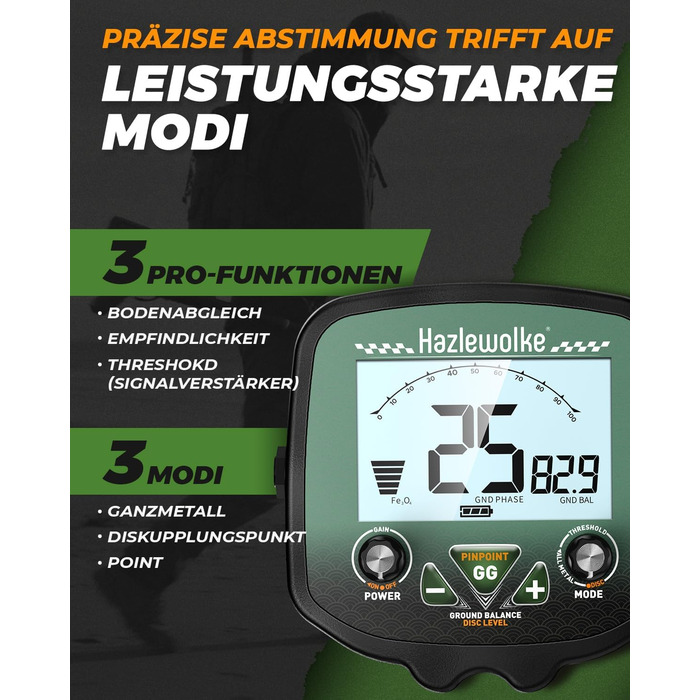 Металошукач професійний для дорослих Metalldetektor з 13'' водонепроникною котушкою DD, частота 19.23 кГц для пошуку срібла та золота, регульована балансування ґрунту, 3 режими пошуку, глибина виявлення 12''