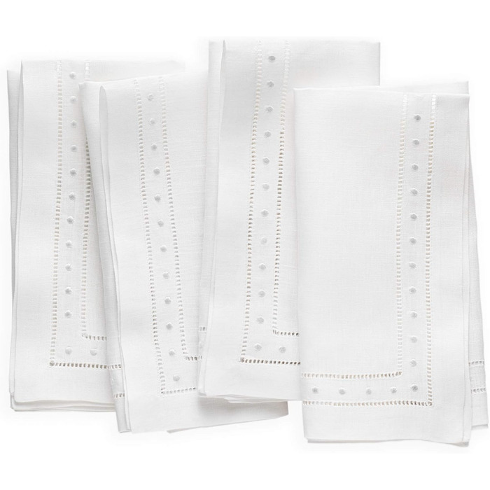 O'lucio Authentique Home Napkins with double hem, linen embroidered Swiss dots, White, 4 pieces, 45.7 x cm, handmade, linen fabric, napkins, natural material, machine washable