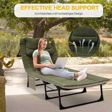 Розкладне ліжко-крісло для кемпінгу з матрацом, 6 положень спинки, ліжко для риболовлі, Outdoor ліжко XXL, 65x190x30 см, 1-місне, для відпочинку на природі