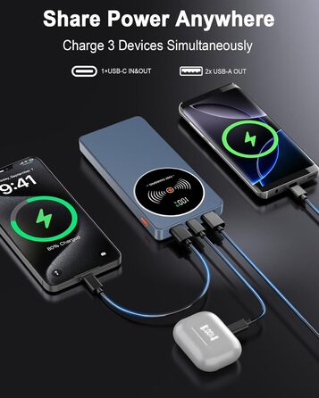 Портативний зарядний пристрій Power Bank Klein 10000mAh з USB-C, 3 порти, сумісний з iPhone/Android (Блакитний)