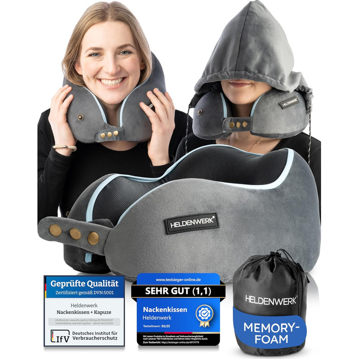 Подушка для шиї Comfy від HELDENWERK для подорожей: Memory Foam, 6-позиційне регулювання, для автомобіля та літака, дихаюча, миється, сірий