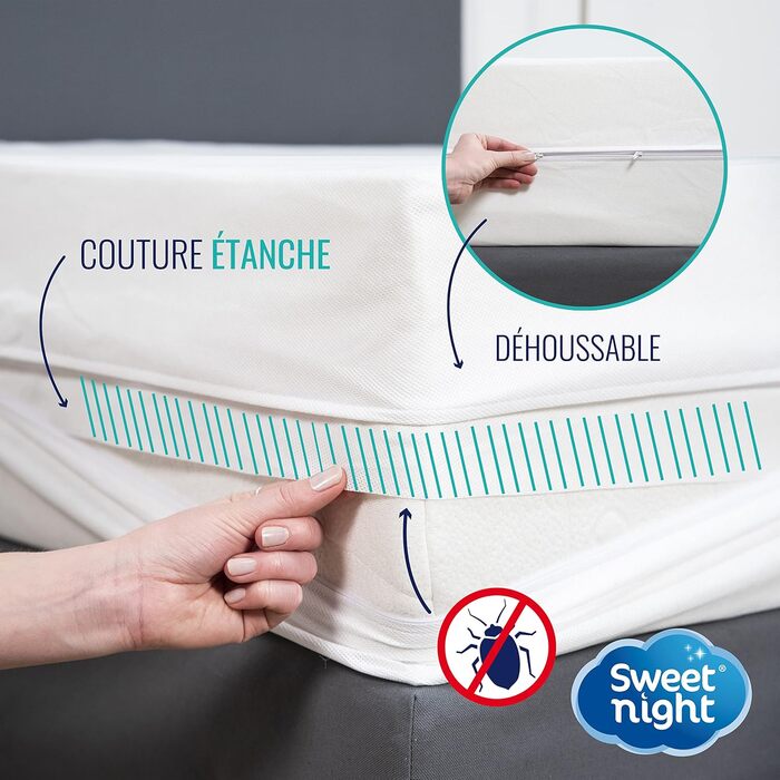 SWEET NIGHT - Fitted Mattress Cover 160x200 cm | Anti-Bed Bugs and Anti-Mites | Fully Protects Your Mattress | Zipper Closure | Without Chemical Treatment | Depth up to 30 cm