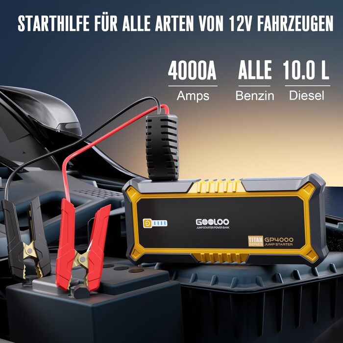 Powerbank Starthilfe GOOLOO GP2000 для автомобіля: 4000A, USB-швидка зарядка, LED, для бензину та дизеля (12V)