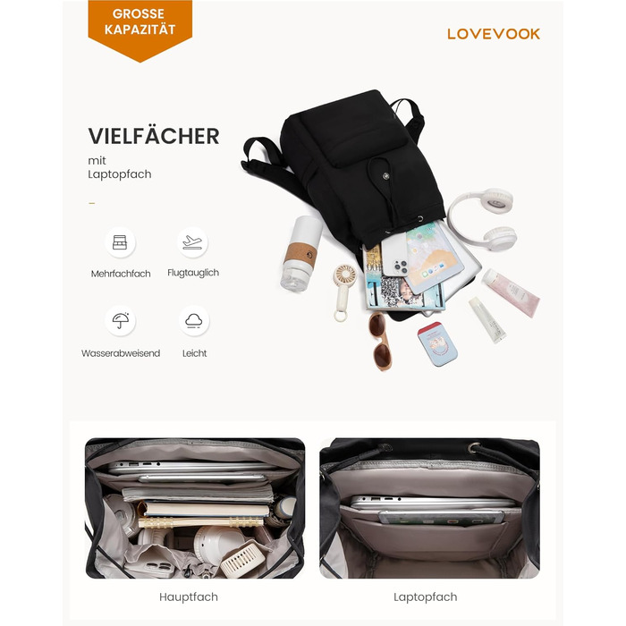 LOVEVOOK Рюкзак для жінок, 17.3 дюйми, рюкзак для школи, водонепроникний, для підлітків, легкий, з відділенням для ноутбука, для університету, школи, подорожей, роботи, чорний