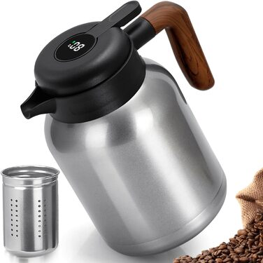 VETIN Thermos Flask with Tea Infuser 1.5L, Double-Walled 304 Stainless Steel Insulated Carafe, Tea Pot Thermo with Temperature Indicator, Coffee Pot Thermo 10h Heat/16h Cold