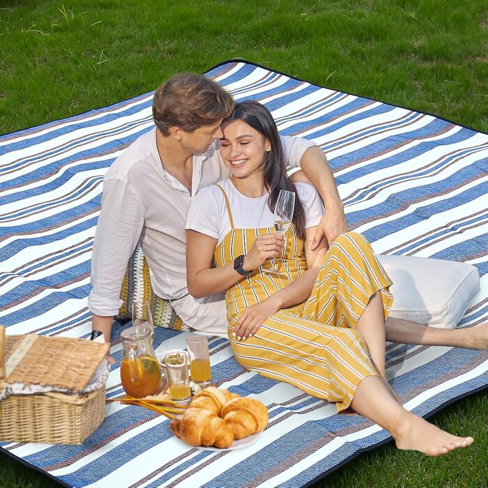 Пікнік-дека Timirock смугаста, 203x203 см, велика, водовідштовхувальна, складана, для пляжу, кемпінгу, відпочинку на природі (блакитно-біла)