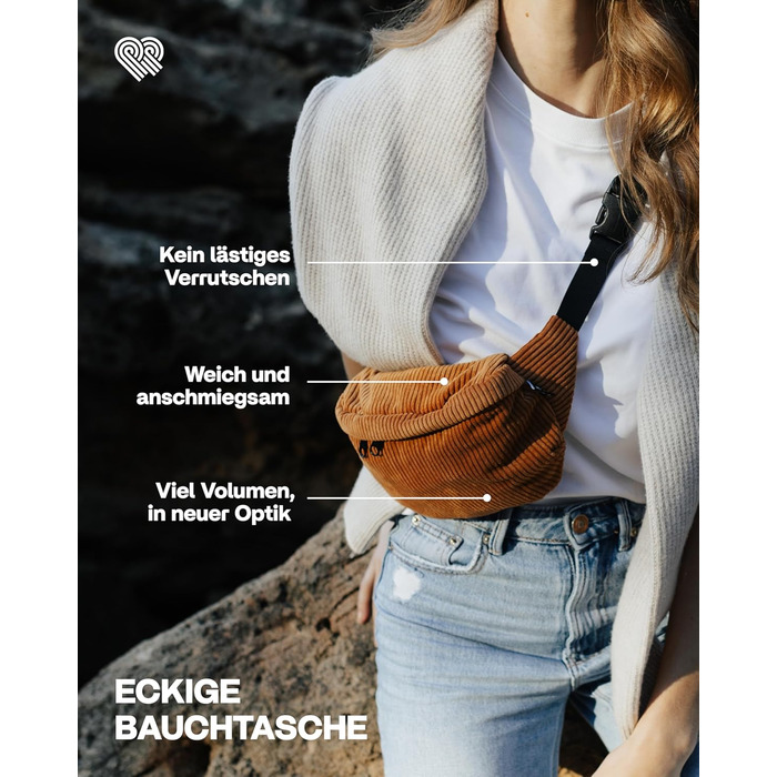 Чоловіча та жіноча поясна сумка PP-Berlin з корду, ручної роботи, веганська, 3 відділення, виготовлена в Німеччині, для повсякденного використання та відпочинку, можна носити як через плече (Окре)