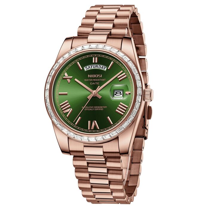 Годинник NIBOSI для чоловіків: аналоговий кварцовий годинник з діамантовою безелем, сталевий циферблат, рожеве золото, срібло, водонепроникний, бізнес, повсякденний, класичний дизайн з датою та днем тижня (рожево-зелений)