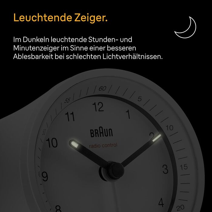 Classic Braun analog radio alarm clock for Central European Time (CET/GMT+1) with snooze function and illumination, quiet movement, crescendo alarm in white, model BC07W-DCF