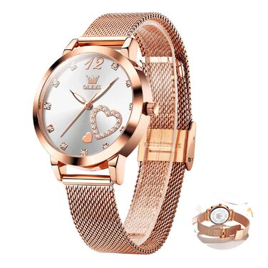 Годинник жіночий OLEVS Roségold: стильні годинники з нержавіючої сталі з мережевим ремінцем, водонепроникні, з діамантовим серцем (білий циферблат/рожеве золоте браслет)