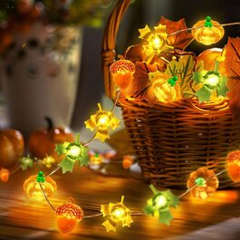Льорочка декоративна LED, 3м, 30LED, з гарбузами, кленовим листям та жолудями для прикраси інтер'єру та екстер'єру, на батарейках. Ідеально для осіннього декору, Дня подяки, Хелловіну.
