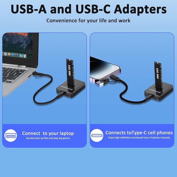 Зовнішній корпус-док-станція M.2 NVMe та SATA на USB-C, адаптер для SSD з підтримкою Dual-Protocol, швидкість 10 Гбіт/с, сумісність з M Key, B+M Key (2280, 2260, 2242, 2230)