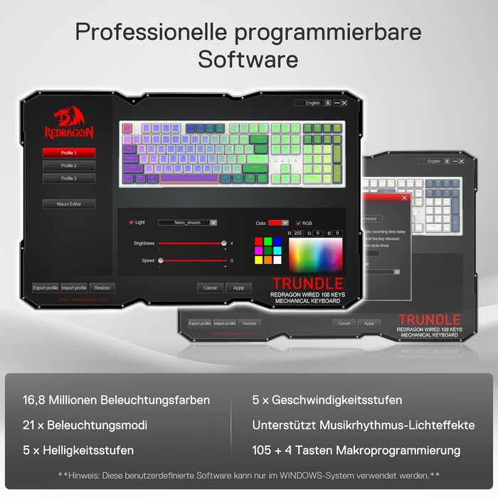 Redragon K668 QWERTZ Клавіатура для ігор з провідним підключенням, 105+4 клавіші, Hot-Swap сокет, тихі червоні перемикачі, двоколірні кейкапи, RGB-підсвітка, мультимедійні комбінації, QWERTZ