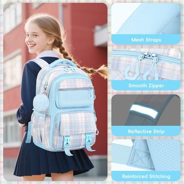 Шкільний рюкзак Tanou для дівчаток, великий, ергономічний, модний каро - ідеальний для підлітків та подорожей (блакитний)