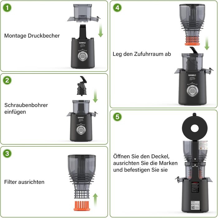 Шнекова соковижималка OMMO Slow Juicer для овочів та фруктів, 300 Вт, чорна