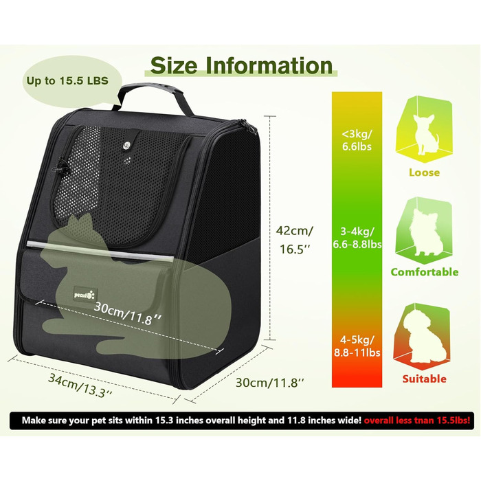 Рюкзак для кота Pecute з сіткою, дихаючий та легкий, для собак та котів до 6 кг (Чорний, Класичний)