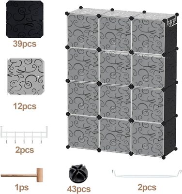 DIY Closet Shelf System, 16 Cubes Wardrobe Closet, Open Wardrobe, Plastic Wardrobe with Doors, Wardrobe Cabinet, Black, 180 x 142 x 37CM (Black 12 Cubes with Clothes Hooks)