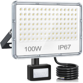 LED Floodlights with Motion Sensor Outdoor 50W 2 Pack, 5000LM LED Spotlights with Motion Sensor, 7000K Cool White Outdoor Floodlights, IP67 Waterproof Floodlights for Warehouse, Garden, Garage (100W-1PC)