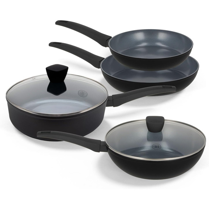 Набір сковорідок Be Living Delight 4 шт. (20/24/28 см + Вок 28 см з кришкою), антипригарне покриття з кераміки, для індукційних плит, без PTFE та PFOA, чорний