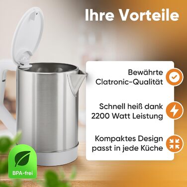 Електричний чайник Clatronic WKS 3692: нержавіюча сталь, 1,5 л, BPA free, з автовимкненням