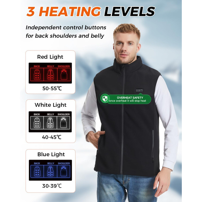 Електрична гріюча жилетка з флісу для чоловіків та жінок, 13 зон обігріву, 3 режими температури, Powerbank 10000mAh, Ritter, чорна