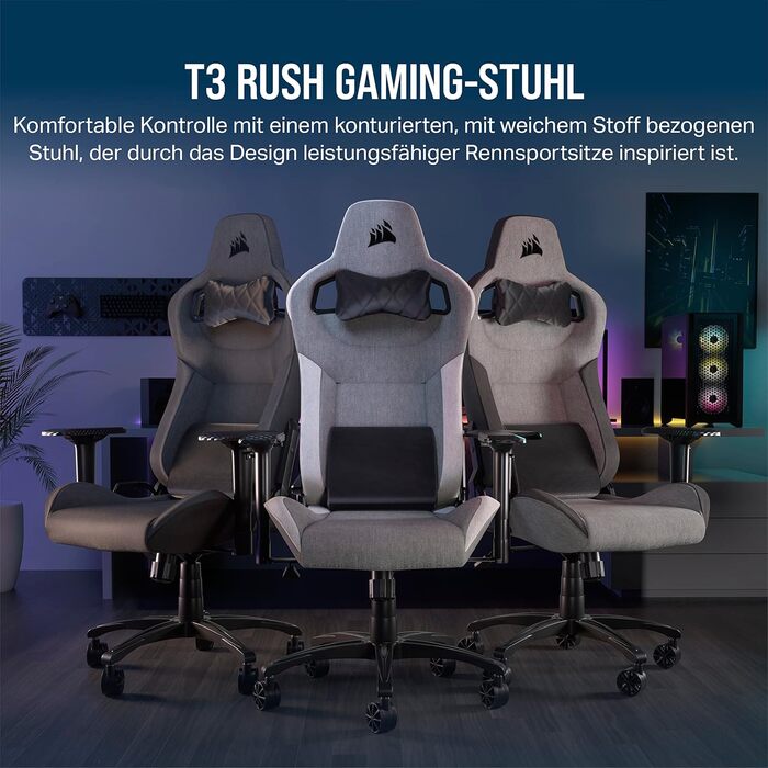 Ігрове крісло Corsair T3 RUSH Fabric 2023, автомобільний стиль, тканинне покриття, подушка для шиї, ортопедична підтримка попереку, сіре та антрацитове