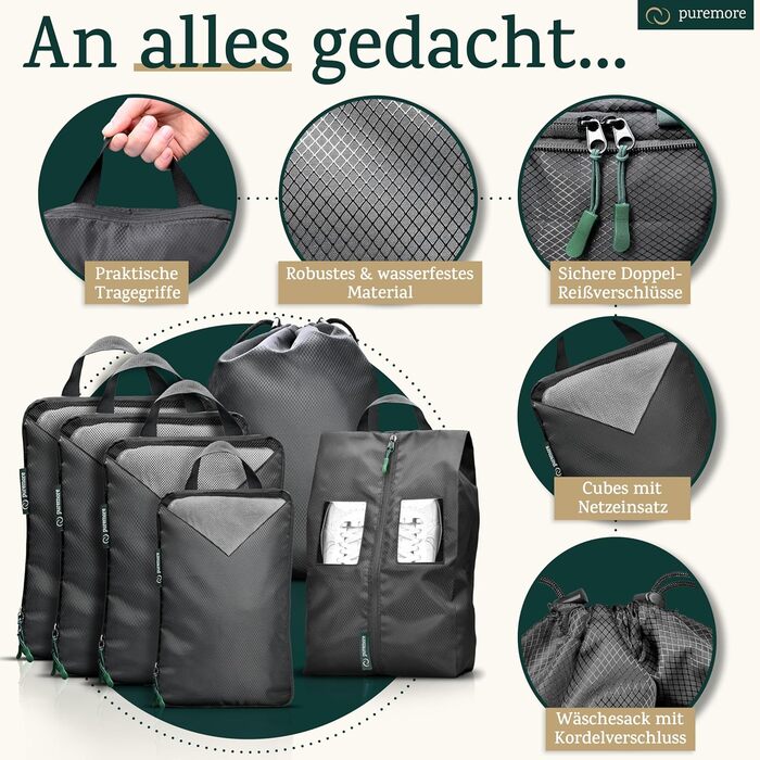 Puremore® Преміум Набір для пакування багажу з компресією (6 шт.) | Органайзери для подорожей | Чохли для взуття | Чорний колір