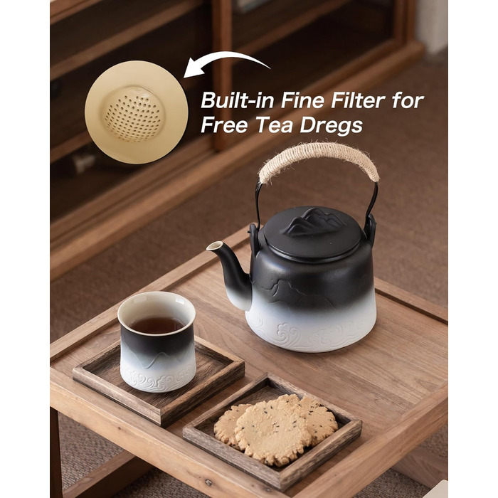 ZENS Design Japanese Teapot, 1000ml Gradient Embossed Japanese Teapot Ceramic with Built-in Strainer and Hemp Rope Handle for Loose Tea Steeper, Gift for Tea Lovers, Black & Bean Green (Black & White, 1000ml Teapot)