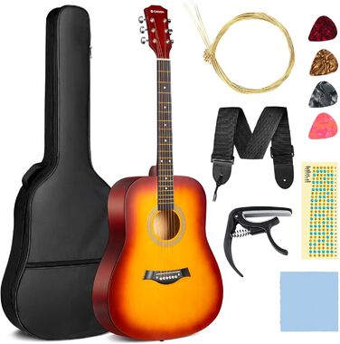 Акустична гітара CAHAYA Lindenholz CY0354: Комплект для початківців, дітей та дорослих, з чохлом, запасними струнами, каподастром, медіаторами та наклейками на лади