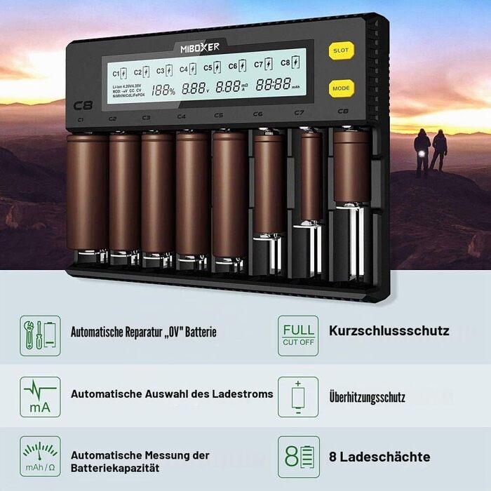 Зарядний пристрій MiBOXER для акумуляторів 18650 8-Bay з LCD дисплеєм, швидка зарядка Li-Ion, LiFePO4, Ni-MH/Ni-Cd (AA, AAA, C, 21700, 26650)