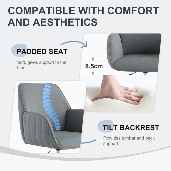 Офісний стілець для дому та офісу до 136 кг, обертовий, оксамитовий, з підлокітниками та колесами, ергономічний, сірий