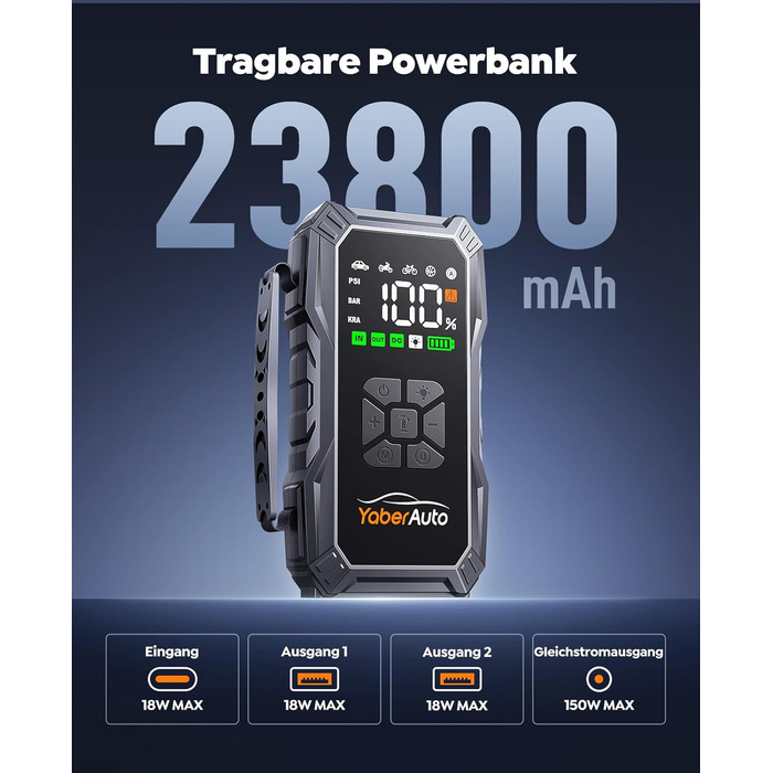 Powerbank для авто YaberAuto з компресором, 6000A, 23800mAh, 150PSI, Jump Starter (для бензинових та 10.0L дизельних двигунів), LCD дисплей, 500 люмен, аварійне світло