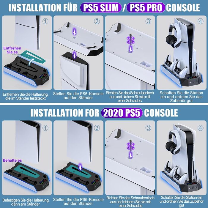 Підставка для PS5 Slim/Pro з зарядною станцією для контролера PlayStation 5 (Disc/Digital), аксесуари PS5 з RGB підсвіткою, вентилятор, тримач для навушників, USB хаб, чорно-білий, Q511