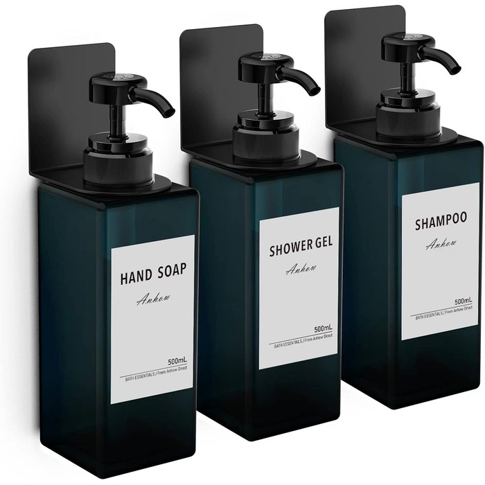 Дозатор мила Anhow 3er PETG для стін, набір з 3 шт. Без свердління, пластиковий диспенсер для кухні/ванної кімнати, 500 мл, блакитний