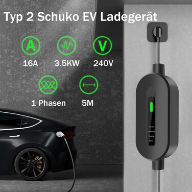 Кабель для зарядки електромобіля Type 2 Schuko 3,7kW, 16A, 5м, для електромобілів та гібридів - чорний